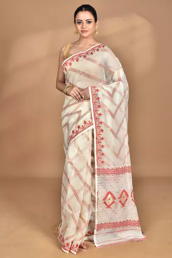 Cream Cotton Dhakai Jamdani Handloom Saree With Blouse