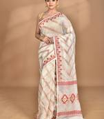 Cream Cotton Dhakai Jamdani Handloom Saree With Blouse