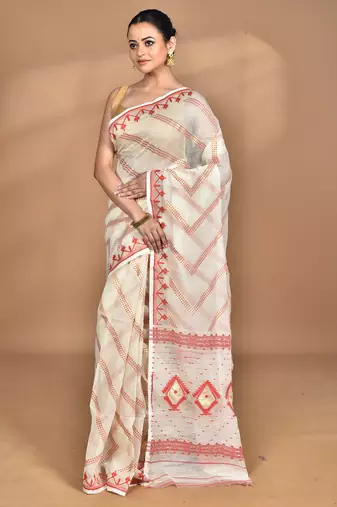 Cream Cotton Dhakai Jamdani Handloom Saree With Blouse