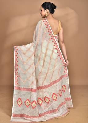 Cream Cotton Dhakai Jamdani Handloom Saree With Blouse 4