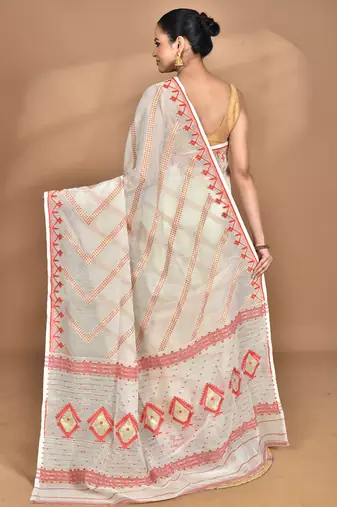 Cream Cotton Dhakai Jamdani Handloom Saree With Blouse