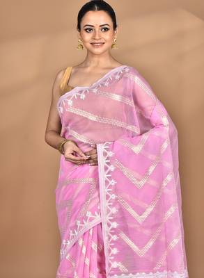Pink Cotton Dhakai Jamdani Handloom Saree With Blouse 1