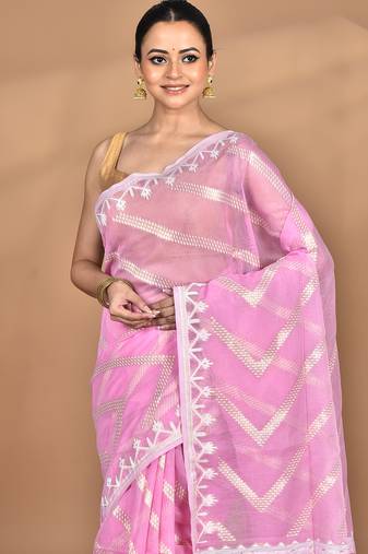 Pink Cotton Dhakai Jamdani Handloom Saree With Blouse