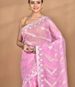Pink Cotton Dhakai Jamdani Handloom Saree With Blouse