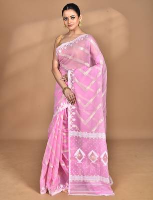 Pink Cotton Dhakai Jamdani Handloom Saree With Blouse 2