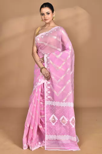 Pink Cotton Dhakai Jamdani Handloom Saree With Blouse