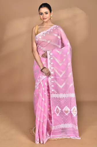 Pink Cotton Dhakai Jamdani Handloom Saree With Blouse