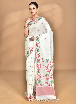 off white Cotton Dhakai Jamdani Handloom Saree With Blouse 1