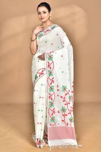 off white Cotton Dhakai Jamdani Handloom Saree With Blouse
