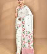 off white Cotton Dhakai Jamdani Handloom Saree With Blouse
