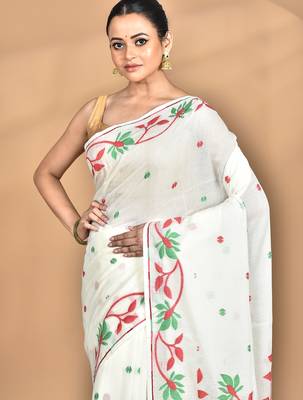 off white Cotton Dhakai Jamdani Handloom Saree With Blouse 2