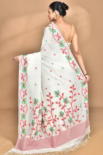 off white Cotton Dhakai Jamdani Handloom Saree With Blouse