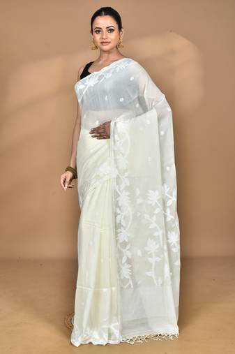 Cream Cotton Dhakai Jamdani Handloom Saree With Blouse