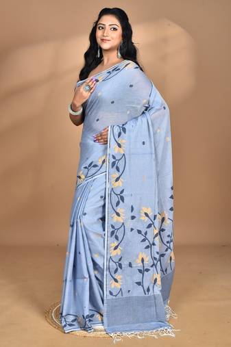 grey Cotton Dhakai Jamdani Handloom Saree With Blouse