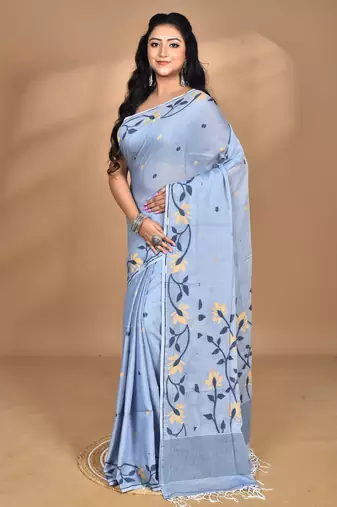 grey Cotton Dhakai Jamdani Handloom Saree With Blouse