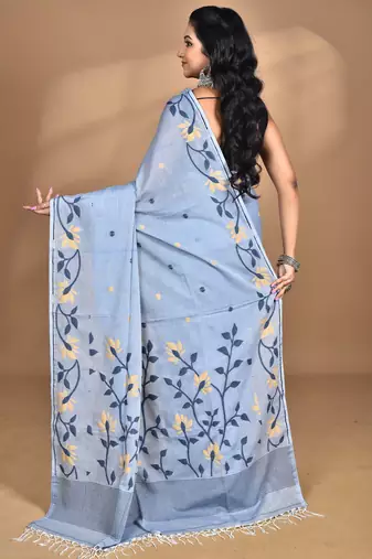grey Cotton Dhakai Jamdani Handloom Saree With Blouse
