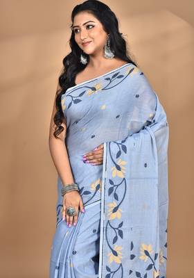 grey Cotton Dhakai Jamdani Handloom Saree With Blouse 4