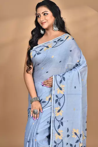 grey Cotton Dhakai Jamdani Handloom Saree With Blouse