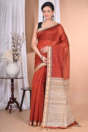 brown Cotton Dhakai Jamdani Handloom Saree With Blouse