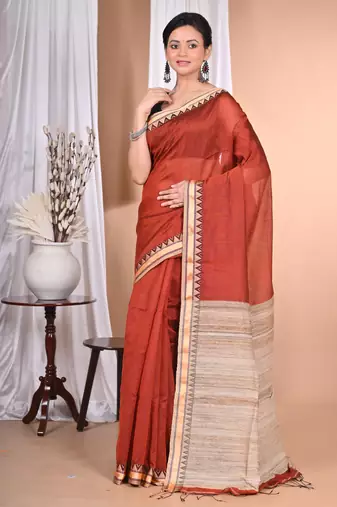 brown Cotton Dhakai Jamdani Handloom Saree With Blouse