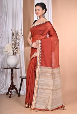 brown Cotton Dhakai Jamdani Handloom Saree With Blouse 3