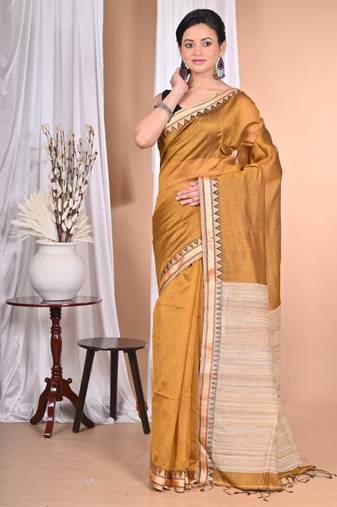 gold Cotton Dhakai Jamdani Handloom Saree With Blouse