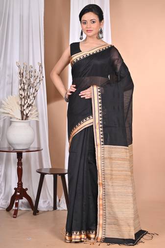 black Cotton Dhakai Jamdani Handloom Saree With Blouse