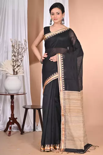 black Cotton Dhakai Jamdani Handloom Saree With Blouse