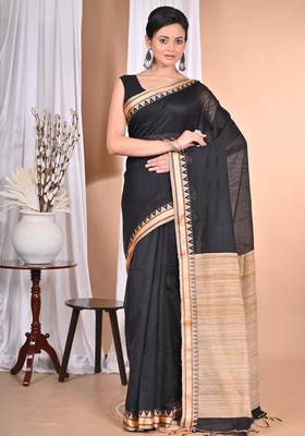 black Cotton Dhakai Jamdani Handloom Saree With Blouse 2