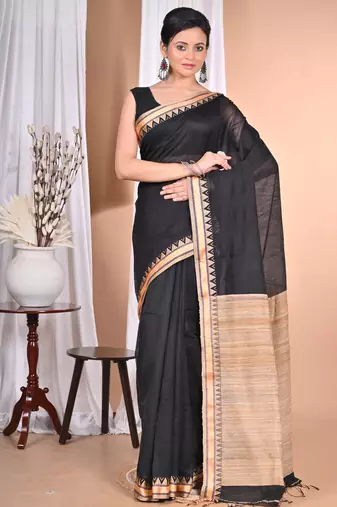 black Cotton Dhakai Jamdani Handloom Saree With Blouse
