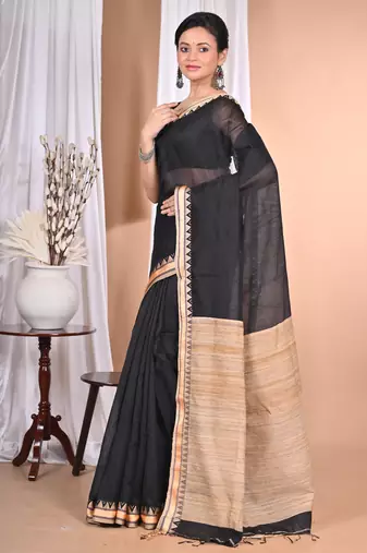 black Cotton Dhakai Jamdani Handloom Saree With Blouse