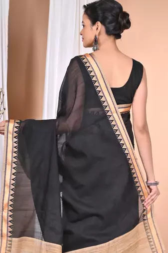 black Cotton Dhakai Jamdani Handloom Saree With Blouse
