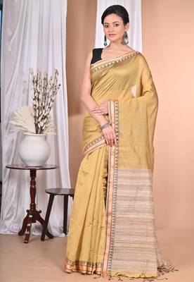 light golden Cotton Dhakai Jamdani Handloom Saree With Blouse 1