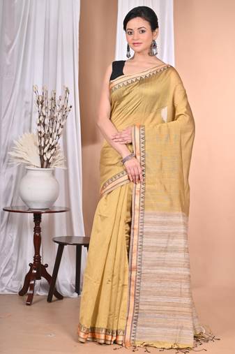 light golden Cotton Dhakai Jamdani Handloom Saree With Blouse