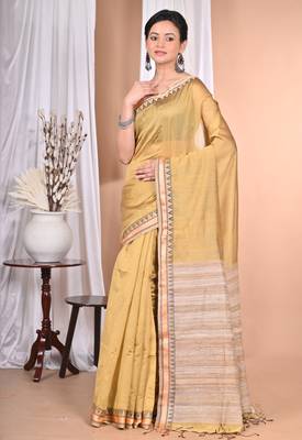 light golden Cotton Dhakai Jamdani Handloom Saree With Blouse 2