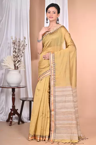 light golden Cotton Dhakai Jamdani Handloom Saree With Blouse