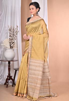 light golden Cotton Dhakai Jamdani Handloom Saree With Blouse 3