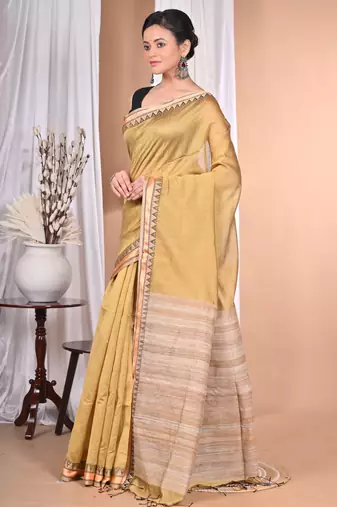 light golden Cotton Dhakai Jamdani Handloom Saree With Blouse
