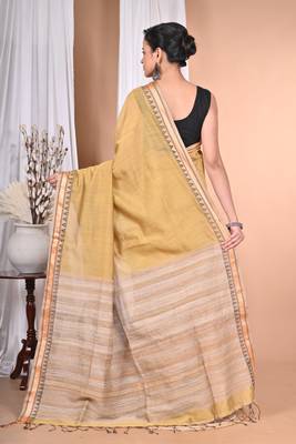 light golden Cotton Dhakai Jamdani Handloom Saree With Blouse 4