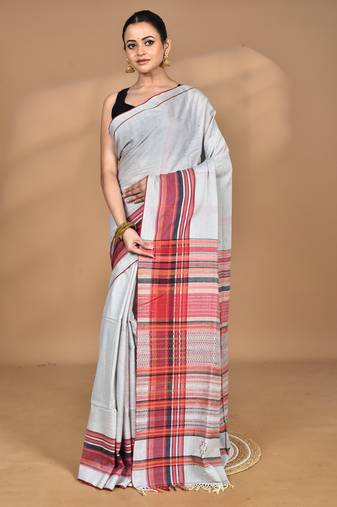 grey Cotton Dhakai Jamdani Handloom Saree With Blouse