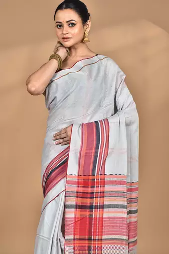 grey Cotton Dhakai Jamdani Handloom Saree With Blouse