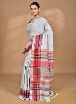 grey Cotton Dhakai Jamdani Handloom Saree With Blouse 3