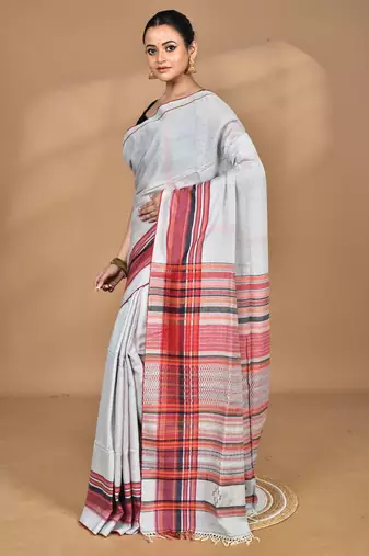 grey Cotton Dhakai Jamdani Handloom Saree With Blouse