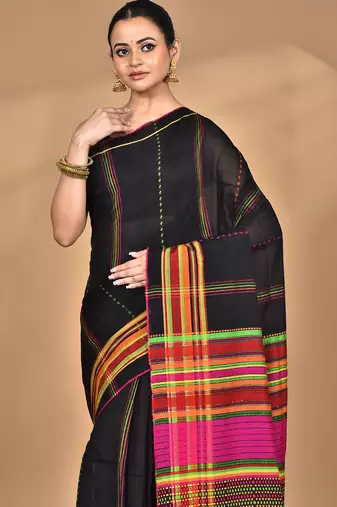 black Cotton Dhakai Jamdani Handloom Saree