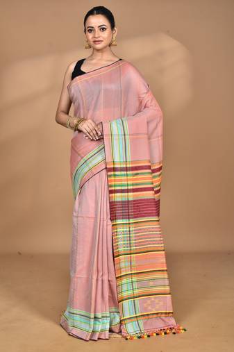 peach Cotton Dhakai Jamdani Handloom Saree