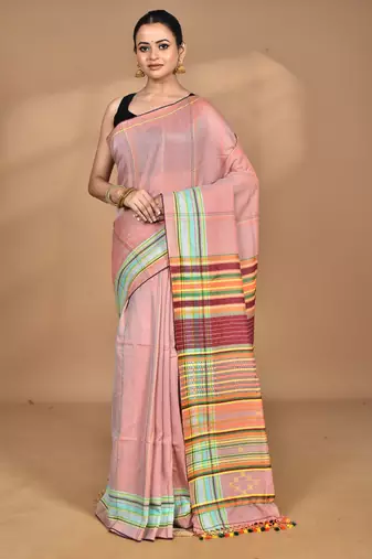 peach Cotton Dhakai Jamdani Handloom Saree