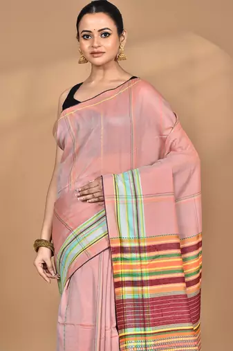 peach Cotton Dhakai Jamdani Handloom Saree