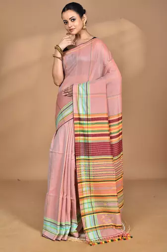 peach Cotton Dhakai Jamdani Handloom Saree