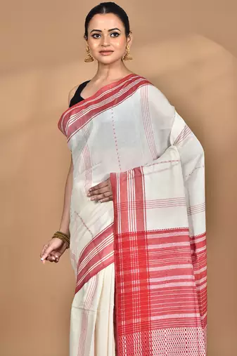 off white Cotton Dhakai Jamdani Handloom Saree