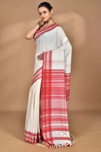 off white Cotton Dhakai Jamdani Handloom Saree